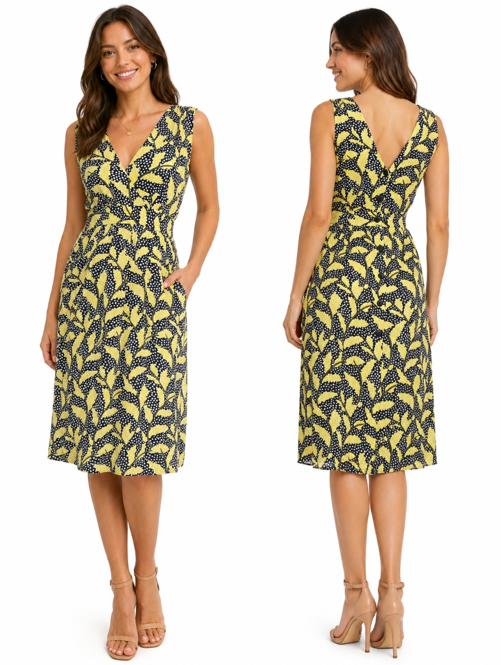 No. 6 Store Yellow Silk Leaf Polka Dot Midi Dress